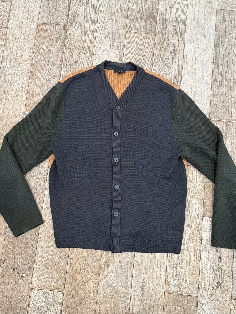 COS Mens Colorblock Cardigan Organic Cotton Merino Wool Mix Navy Green Tan Sz XL